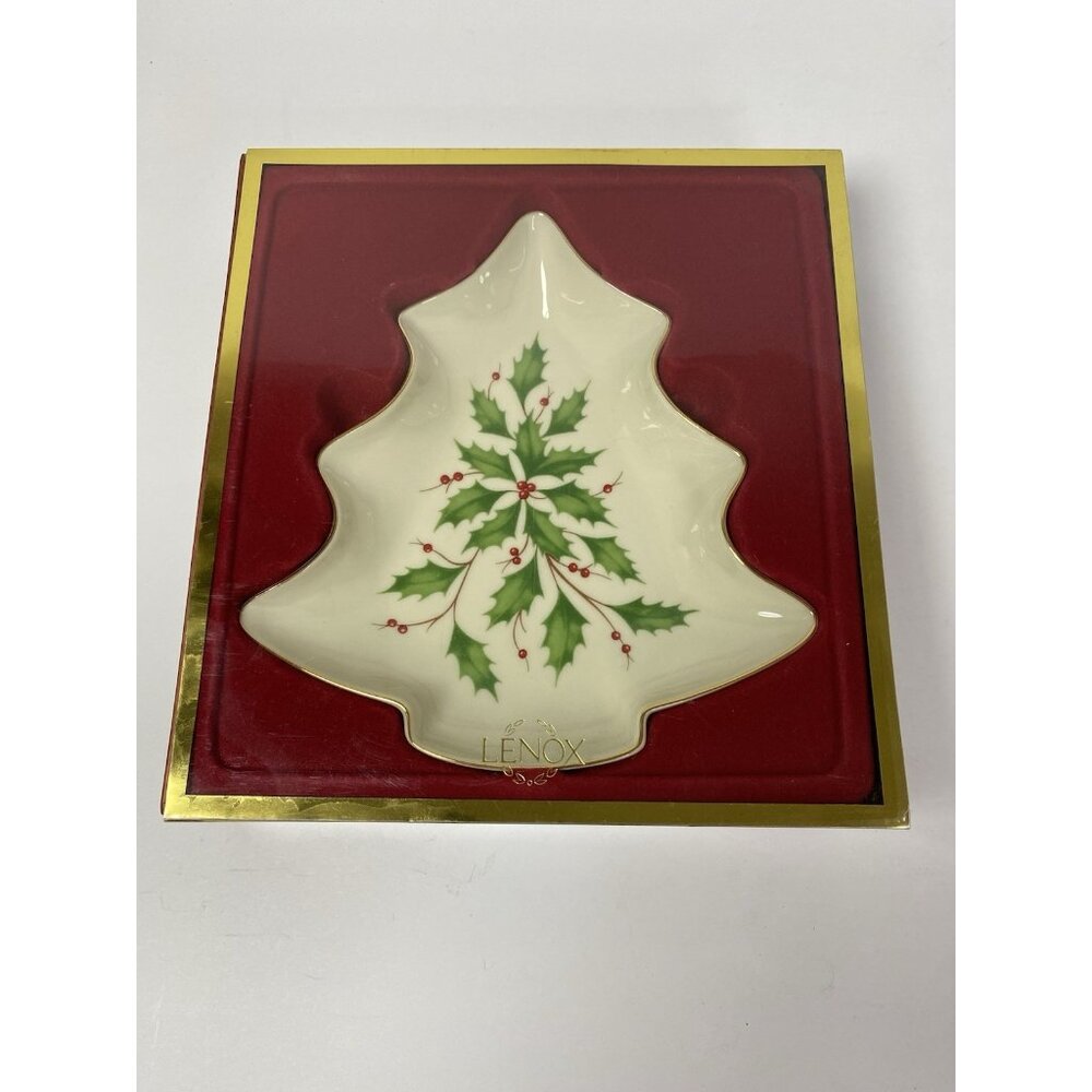 Lenox Holiday Tree Holly Candy Dish Gold Trim Collection With Box Christmas